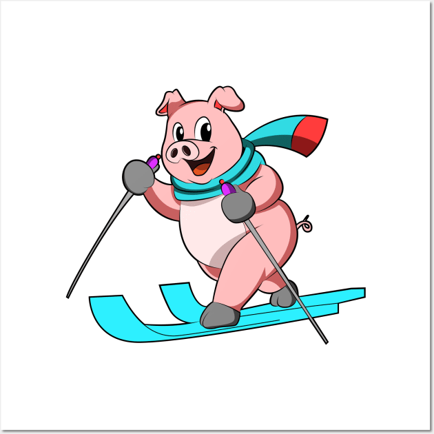 Pig as Skier with Skis Wall Art by Markus Schnabel